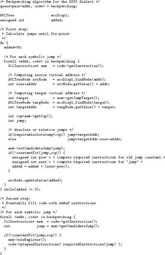 \begin{figure}\footnotesize
\begin{verbatim}/* Backpatching algorithm for the ...
...ions( requiredInstructions(jump) );
}
}\end{verbatim}
\normalsize\end{figure}